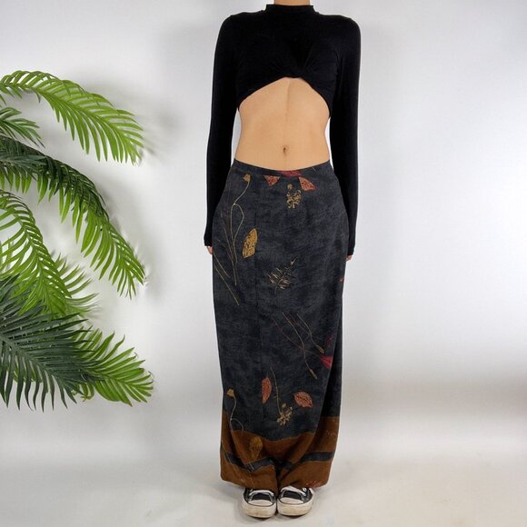 Vintage 90s Gray Earthy Floral Cottagecore Fairy Grunge Bohemian Maxi Skirt / 8 - Picture 3 of 6